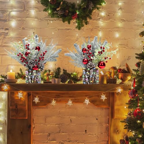 2 Pack Christmas Table Decorations, 14 Inch Christmas Centerpiece Small Potted Christmas Tree with Lights, Pine Cones and ...