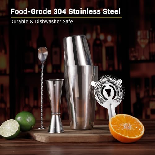 Nexsujo Boston Cocktail Shaker Set, 4-Piece Bar Tools Set, Professional Bar Set with Boston Shaker, Bar Spoon, Jigger, Haw...