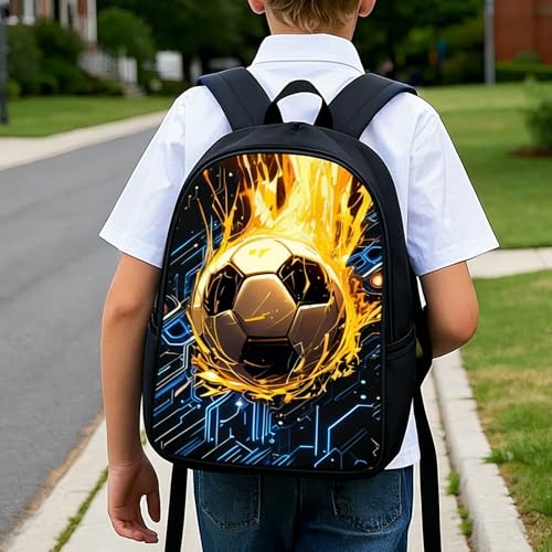 3-Piece Sports Theme Backpack Set - Green Soccer Ball Pattern Daypack with Insulated Lunch Bag and Pencil Case - Casual Gy...