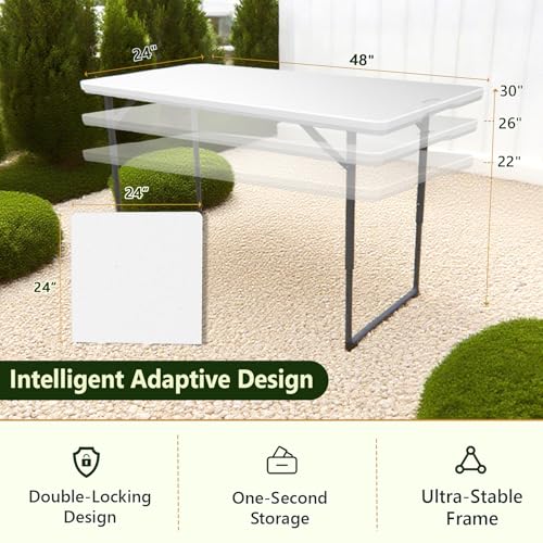 MAKE CHANGES 4FT Folding Table, Foldable Picnic Table with Adjustable Height, Heavy Duty Fold-in-Half Portable Table for W...