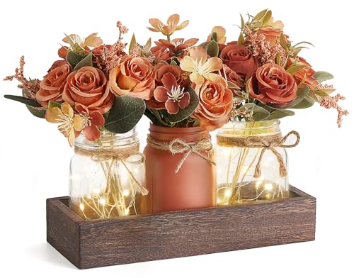 Mkono Mason Jar Lights Centerpiece Table Decorations for Dining Room Farmhouse Coffee Table Decor Tray with 3 Jars Flowers...