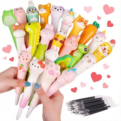 Spoilu Valentine's Day Gifts for Kids Classroom, 24Pcs Cute Pens & 48 Refills, Fun Kawaii Cool Pens for Kids, Squishy Toy...