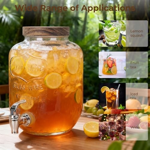 1 Gallon Drink Dispenser with Stand,2 Pcs Clear Glass Beverage Dispenser with Spigot, 2 pcs Wood Lid and Wooden Hangtags f...