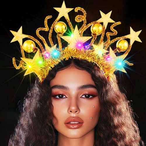 DRESBE Light Up Star Headband Gold New Year LED Stars Crown Headbands NYE Glow Party Hair Accessories for Women