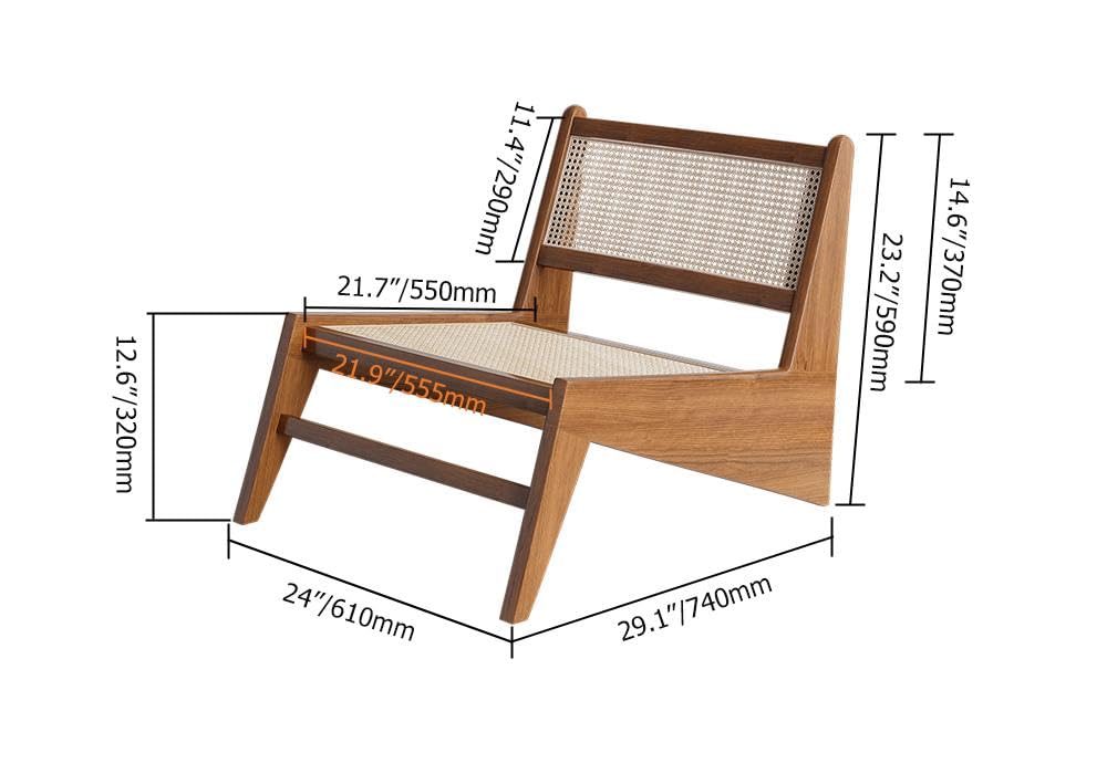 homary Mid Century Modern Chair Japandi Walnut Rattan and Wood Lounge Chairs Armless Accent Chair for Living Room Bedroom Balcony & Patio