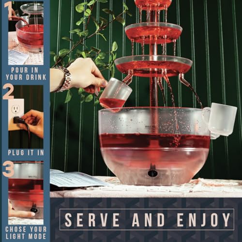 Kusini Drink Fountain for Parties - 1.5 Gal, 3 Tier Punch Bowl Drink Tower, LED Base, 4 Reusable Cups - Drink Dispenser Ma...