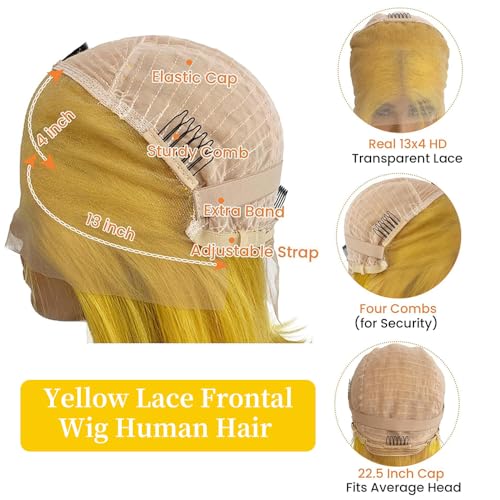 26 Inch Yellow Lace Front Wig Human Hair 200% Density Blonde Wig Human Hair Body Wave Lace Front Wigs Human Hair Pre Plucked 13x4 HD Lace Frontal Wig Yellow Colored Wigs Human Hair Glueless Wig
