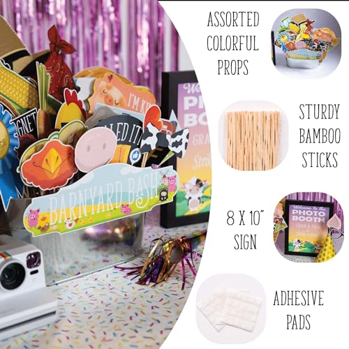 Farm Animal Photo Booth Props - 41-pc Photo Booth Kit with 8 x 10-Inch Sign, 60 Adhesive Pads, 45 Sticks - Cowboy and Farm...
