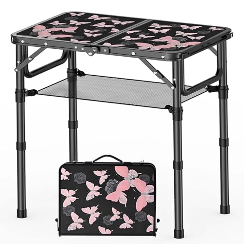 YihuiKo Small Camping Table, Vintage French Butterflies Pattern Folding Table, Adjustable Height, Lightweight & Portable O...
