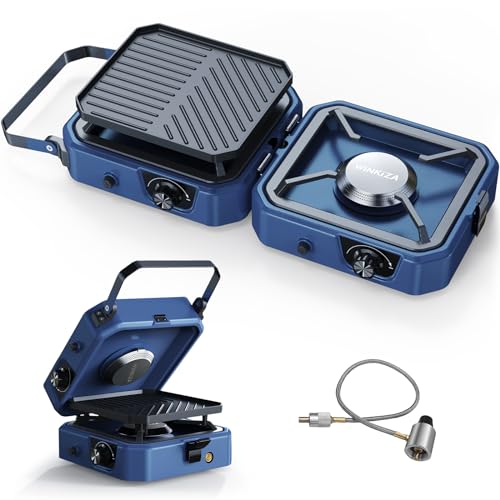 Upgraded WINKIZA 2 Burner Propane Camping Stove with Grill, Foldable Camp Stove with 16,000 BTU, Two Adjustable Burners wi...