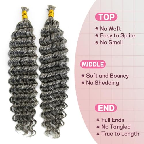 KRN Grey Deep Wave Bulk Human Braiding Hair 2 Bundles/Pack 100g Curly for Boho Braids 12A Salt And Pepper No Weft Wet and Wavy Gray 20 Inch