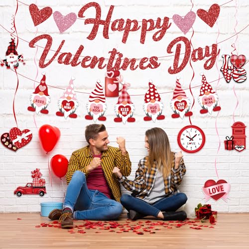 Biswiter Valentines Day Decorations, NO-DIY Party Decorations Includes Glitter Happy Banner, Supplies Hanging Swirls, for ...