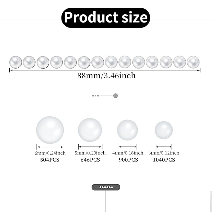 3/4/5/6mm with Pearl White Gem Rhinestones Stickers for Face, Self Adhesive Pearl Stickers Stick on Body Crystal Jewels Makeup Glue for Face Eye Hair Nails Make up and Craft Home Decor 3090PCS