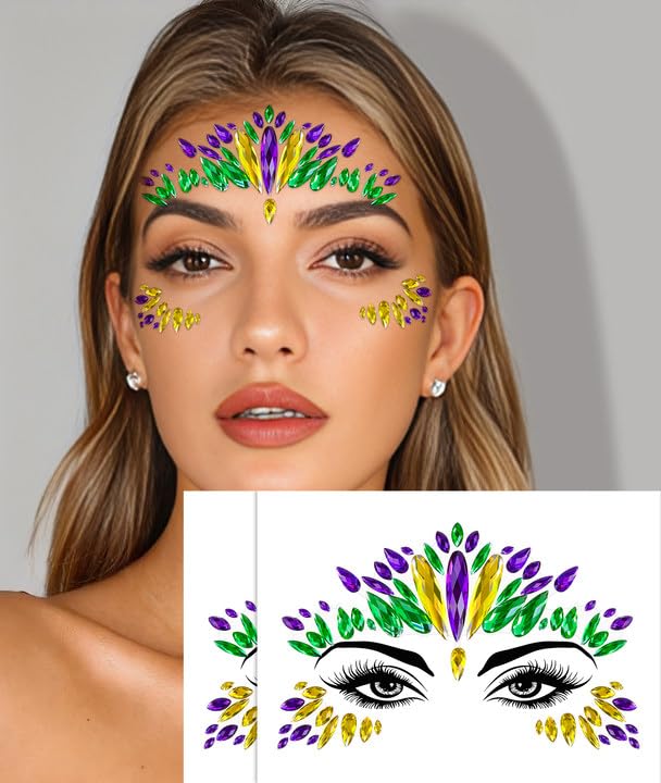 Wehhbtye 2 Set Mardi Gras Face Jewels Stickers, Self-Adhesive Mardi Gras Eye Gems Sticker, Glitter Face Crystals Decoratio...