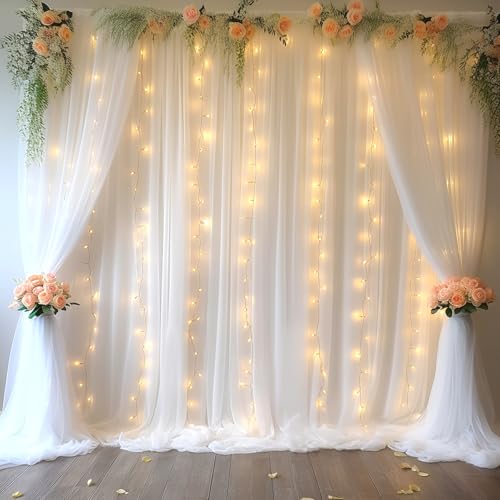 10ft x 10ft White Chiffon Backdrop Curtain with Lights String for Parties,2 Panels Sheer Tulle Curtain Wedding Backdrop wi...