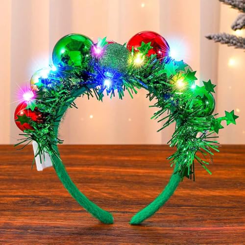 CAKURE LED Christmas Headband Green Light Up Christmas Ball Headbands Xmas Hair Hoop Holiday Party Costume Headwear Hair A...