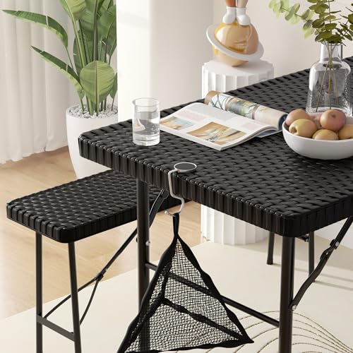 VECELO Dining Table Set for 4, Faux Rattan Card Folding Dinette for Small Space with 2 Benches, Kitchen/Breakfast Nook/Liv...