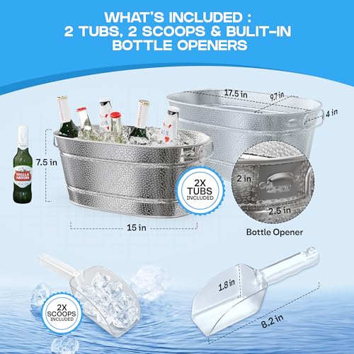 2 Pack Galvanized Tub with Handles - Beverage Tub with 2 Ice Scoops, 3 Gallon Ice Bucket for Parties, Metal Drink Buckets ...