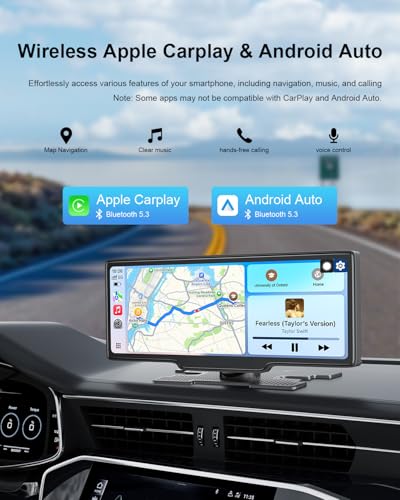 KLZHP001 Carplay Screen for Car, 10.26'' HD IPS Apple Carplay & Android Auto Screen, 4K Dash Cam, 1080P Rear Camera, Wirel...
