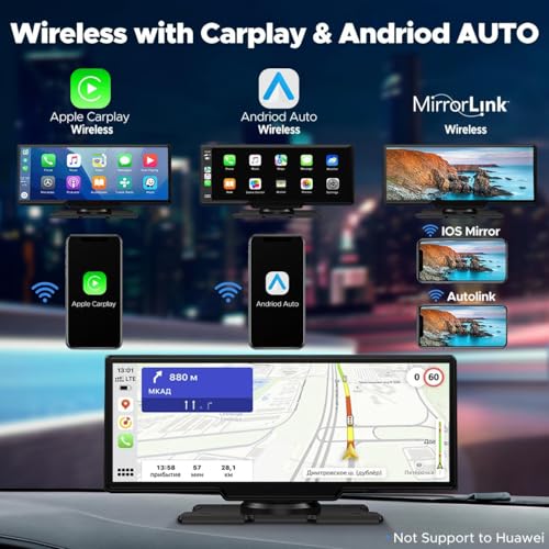 LAMTTO 9.26" Wireless Carplay and Android Auto with 2.5K Dash Cam, 1080P Backup Camera, Portable Touchscreen GPS Navigatio...