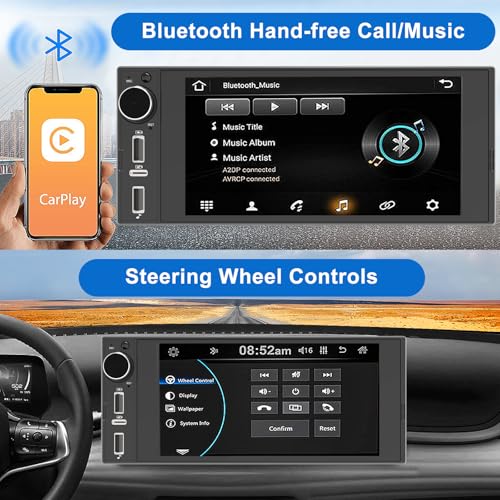 Single Din Touchscreen Radio Wireless Apple Car Play Wireless Android Auto, 6In Single Din Car Stereo with Mirror Link Blu...