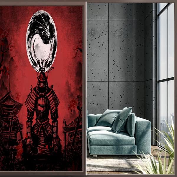 Japanese Samurai Window Film Abstract Vintage Samurai Blossom Dragon Full Moonstained Glass Window Film,Playroom Window Film,Nursery Window Film 35.4Wx78.7L-Inch X1Pcs
