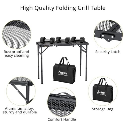 Anbte Folding Grill Table, 3ft Tri-Fold Aluminum Folding Table Adjustable Height Max 27.5" Grill Table with Mesh Desktop, ...