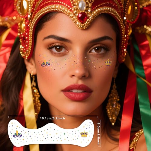 Paminify Mardi Gras Face Glitter Freckles Tattoos,Mardi Gras Outfit for Women,Waterproof Green Gold Purple Temporary Face ...