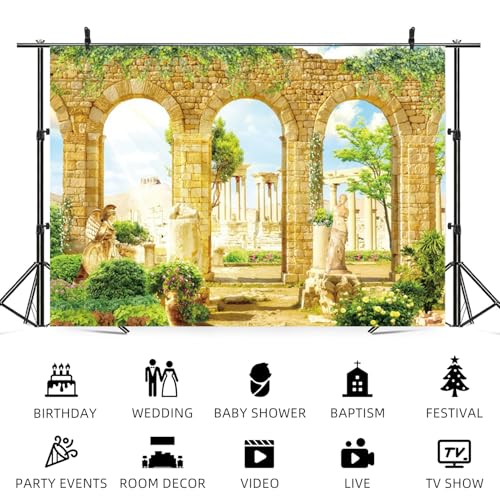 ASDCXZ 7x5ft Romantic Greece Palace Garden Backdrop Ancient Stone Arch Photography Background Green Leave Vines Statues An...
