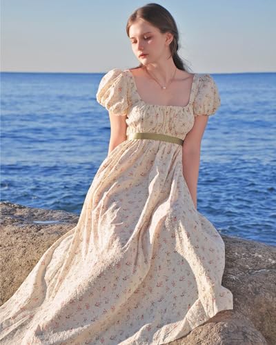 Nuoqi Regency Dresses for Women Floral Regency Era Dress Empire Waist Long Tea Party Dress