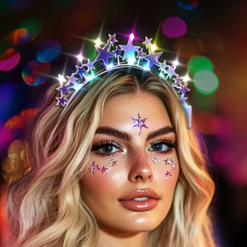 DRESBE Light Up Colorful Star Headband New Year LED Stars Headbands NYE Glow Party Hair Accessories for Women (Silver)