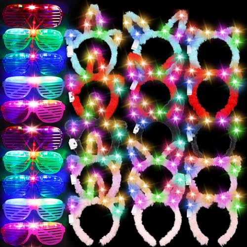Honoson 30 Pcs LED Light up Glasses Cat LED Cute Headband Cat Ears Sunglasses Glow in the Dark Party Supplies (Long-pile)