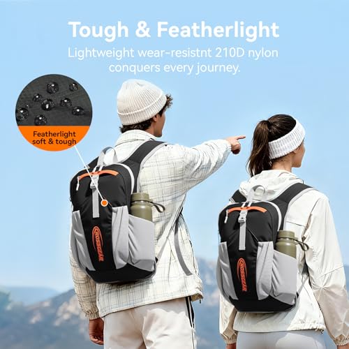 CROSSGEAR 16L RFID Hiking Backpack, Lightweight Foldable Packable Backpack, Small Travel Hiking Daypack for Women Men Black