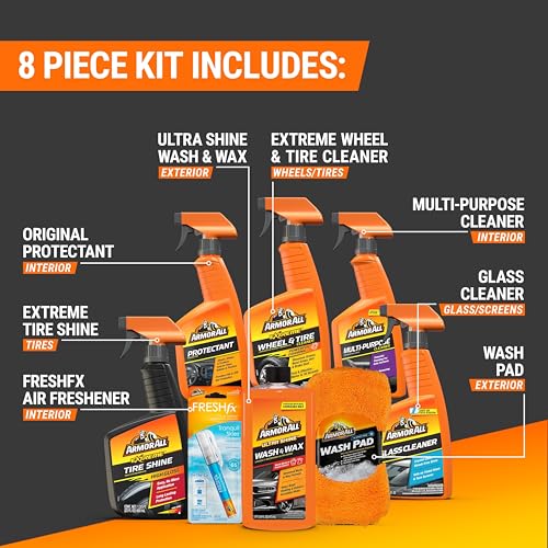 Armor All Premier Car Care Kit, Includes Car Wax & Wash Kit, Glass Cleaner, Car Air Freshener, Tire & Wheel Cleaner (8 Pie...