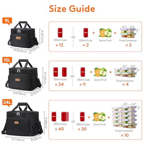 Lifewit Medium Lunch Bag Insulated Lunch Box Soft Cooler Cooling Tote for Adult Men Women, Black 12-Can (9L)
