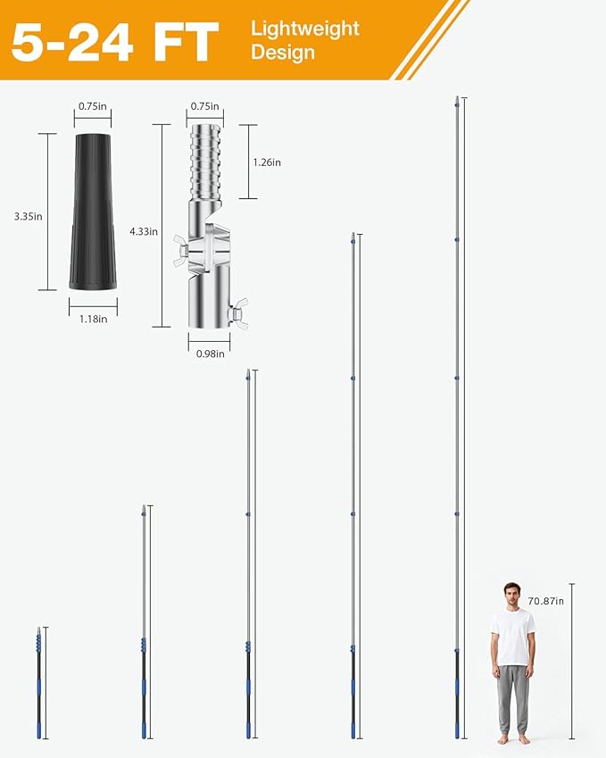 Telescoping Pole, 5-24 Ft with Joint Angle & Squeegee Adaptor, Aluminum Telescopic Paint Roller Extension Pole & Extendable Pole, Anti-Slip Foam Grip, Multi-Purpose Gutter Window Dust Cleaning Pole
