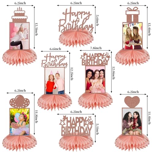 Bumqviy 8Pcs Rose Gold Birthday Decorations Honeycomb Centerpieces for Women Girl, Pink Rose Gold Glitter Birthday Photo T...