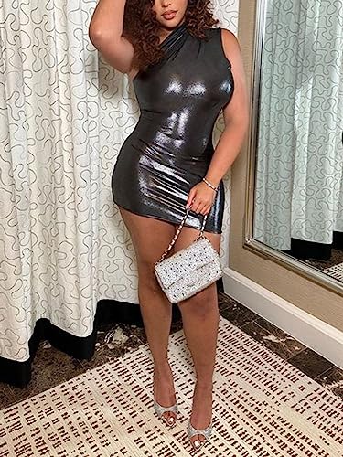 Famnbro Women's Metallic Dress Sleeveless One Shoulder Shiny Bodycon Sexy Club Mini Dresses