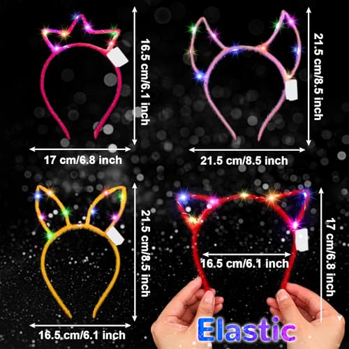 Janinka 64 Pcs Led Cat Ears Headband Bulk, Light Up Rave Hair Accessories Cute Rabbit Ear Crown, Glow in the Dark