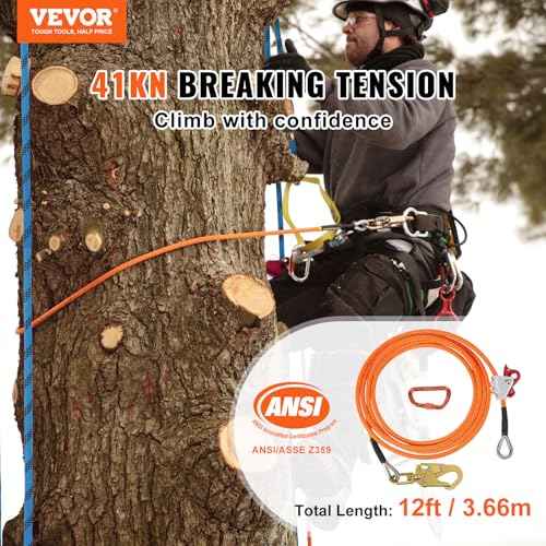 VEVOR 16mm Steel Core Flipline, 12ft(3.6m) Arborist Flipline, Flip Line for Tree Climbing with Alloy Steel Snap Hook & Aluminum Alloy Carabiner, 30KN Breaking Tension for Fall Protection, Tree Climber