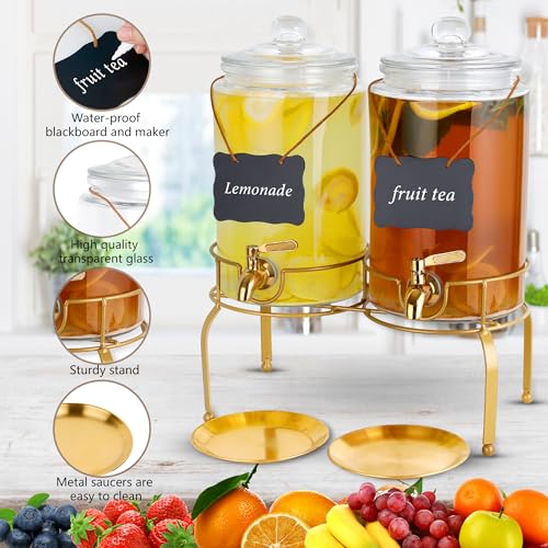 Drink Dispensers for Parties, 2 Pack 1 Gallon Beverage Dispenser with Stand, Drink Dispenser With Glass Lid, juice dispens...