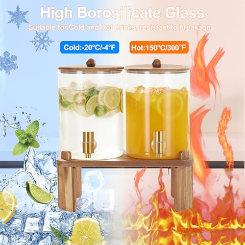 2 PCS 1 Gallon Drink dispenser, Glass Beverage Dispenser With Wood Stand, Large Water Drink Dispensers for Parties With St...