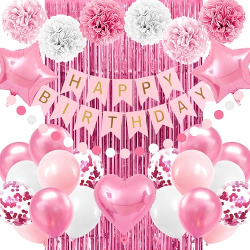 Iysoll Pink Birthday Party Decorations for Girls Women Happy Birthday Banner Light Pink and White Balloons party decor Pom...
