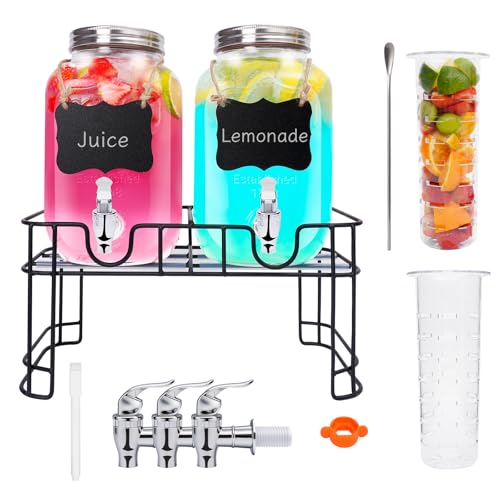 2PCS 1 Gallon Glass Drink Dispensers for Parties, Beverage Dispenser with Stand and Spigot, Used as Lemonade Dispenser Dri...