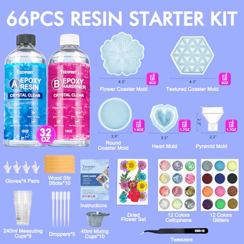 Teexpert Epoxy Resin Kit for Beginners, 32OZ Resin Kit with Silicone Molds, Complete Set with 24 Colors, Dried Flowers and...