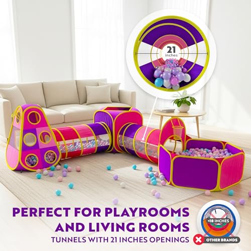 Playz 5pc Kids' Play Tents & Tunnels - Ball Pit for Toddlers, Basketball Hoop, Crawling Tubes, Pop-Up Playhouses, Baby Obs...