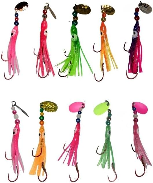 KOKOPROS Squid Fishing Hoochies 10 Pack -Glow Fresh Water Kokanee Salmon Trolling Lures with Pre-Rigged Octopus Hooks - Sp...