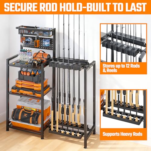 Fishing Rod Holders for Garage, Fishing Pole Rack with 3 Tier shelf, Heavy Duty Fishing Pole Holders with Pegboard and Bas...