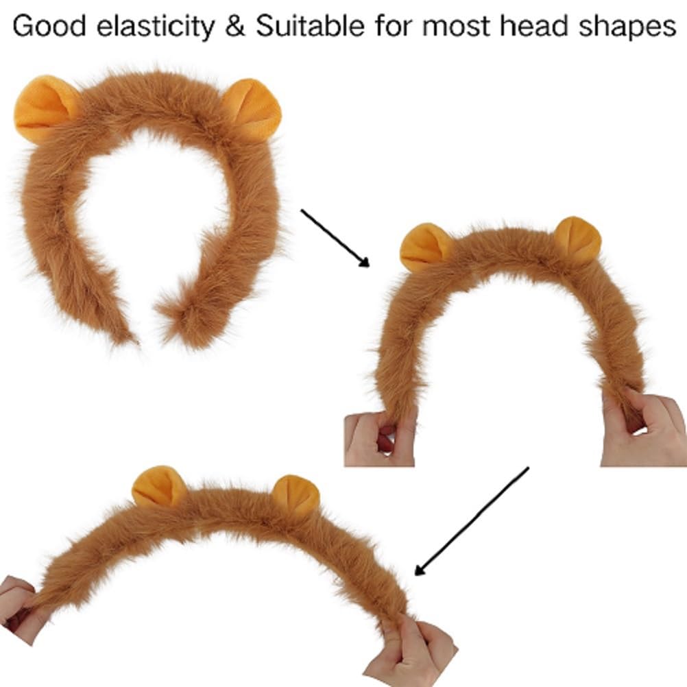 Delfd Lion Ears Headband With Tail Nose and Bow Tie, Fluffy Animal Ears Lion Costume Adult for Halloween Party Cosplay, Lion Tail and Ears