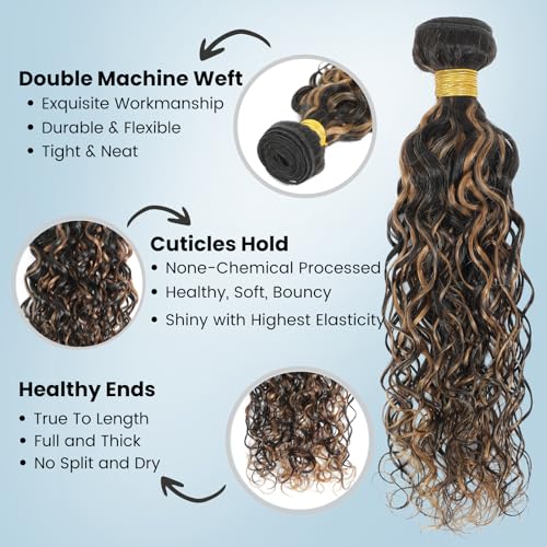 ALHER #1B/27 Skunk Stripe Highlight Water Wave Bundles 26 Inch, Balayage Ombre Black with Blonde Wet and Wavy Curly Single Bundle, 100% Unprocessed Virgin Remy Human Hair Soft Thick Sew In Double Weft